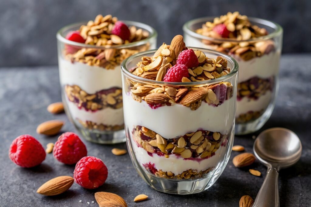 Gläser mit cremigem Joghurt, verfeinert mit Nüssen und frischen Beeren – nahrhaftes Frühstück oder Snack.