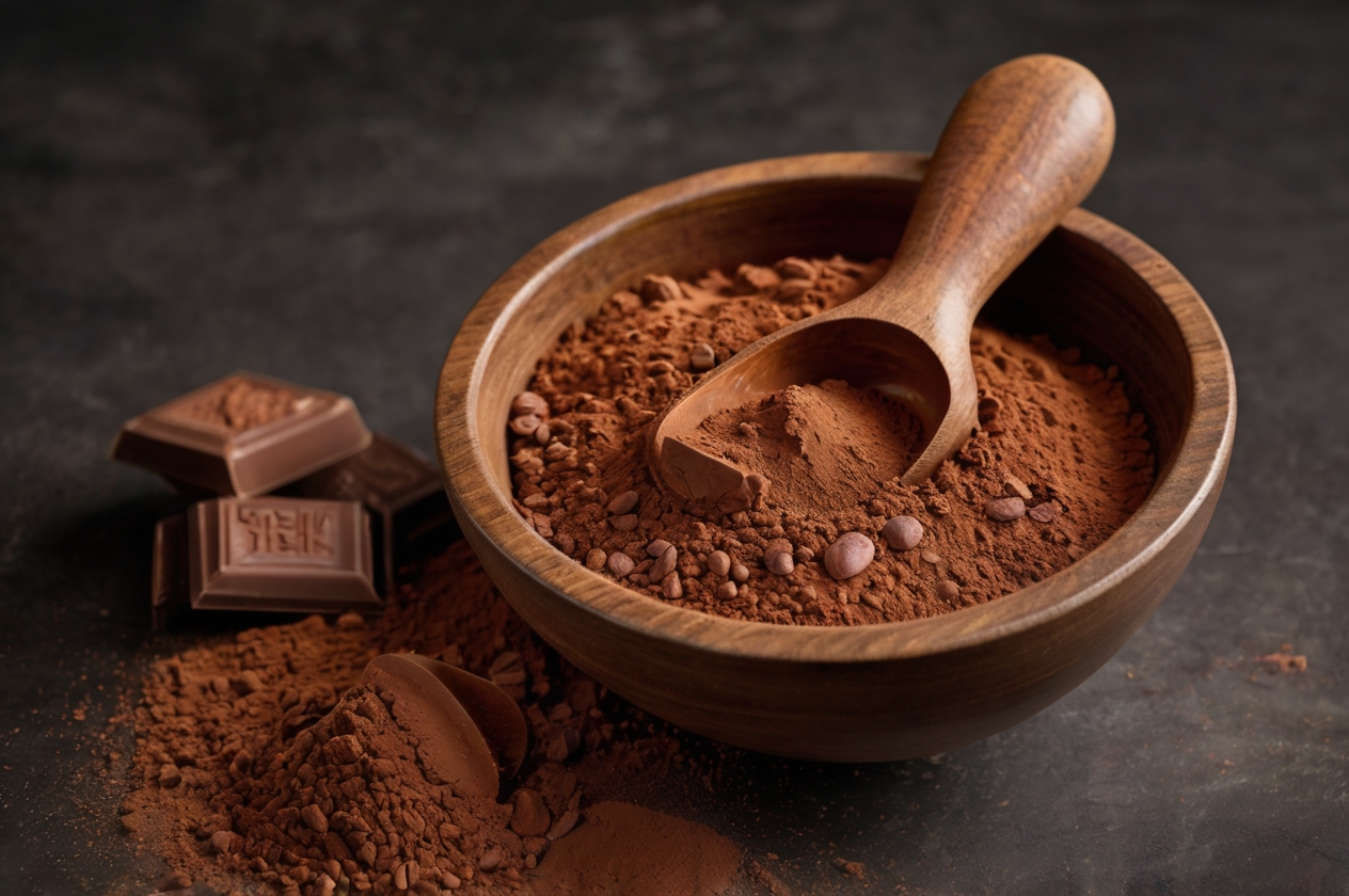 Schokoladen-Pulver in einer Holzschale, perfekt für Desserts und heiße Schokolade