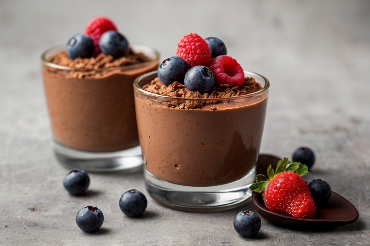 Schokoladen-Mousse in Gläsern mit frischen Beeren, ein verführerisches Dessert