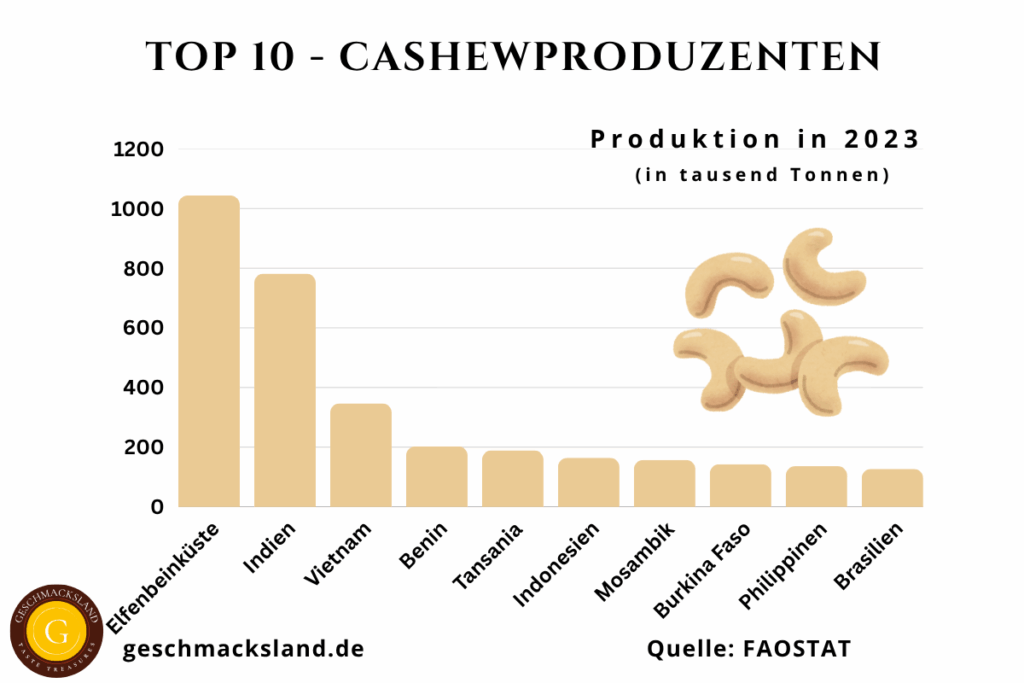 Grafik der Top 10 Cashewproduzenten weltweit – mit Elfenbeinküste, Indien und Vietnam als führende Länder