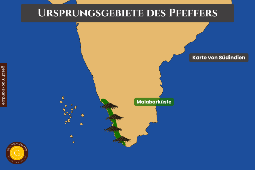 Karte von Südindien mit der Malabarküste und den historischen Ursprungsgebieten des Pfeffers.