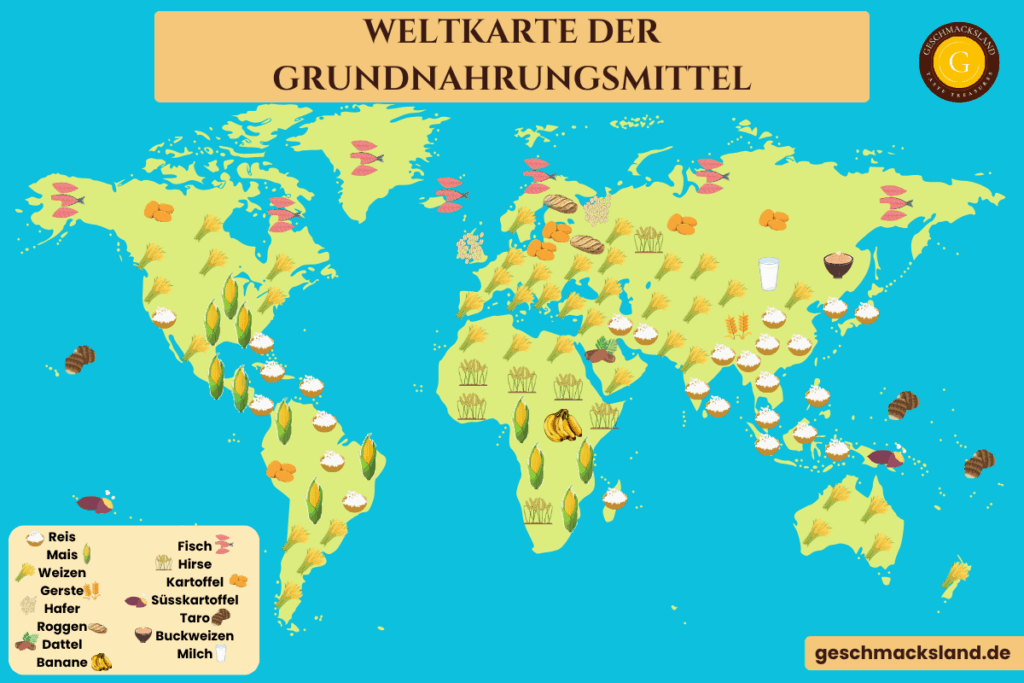 Weltkarte der Grundnahrungsmittel mit Anbaugebieten von Reis, Weizen, Mais, Kartoffeln und weiteren Hauptnahrungsmitteln