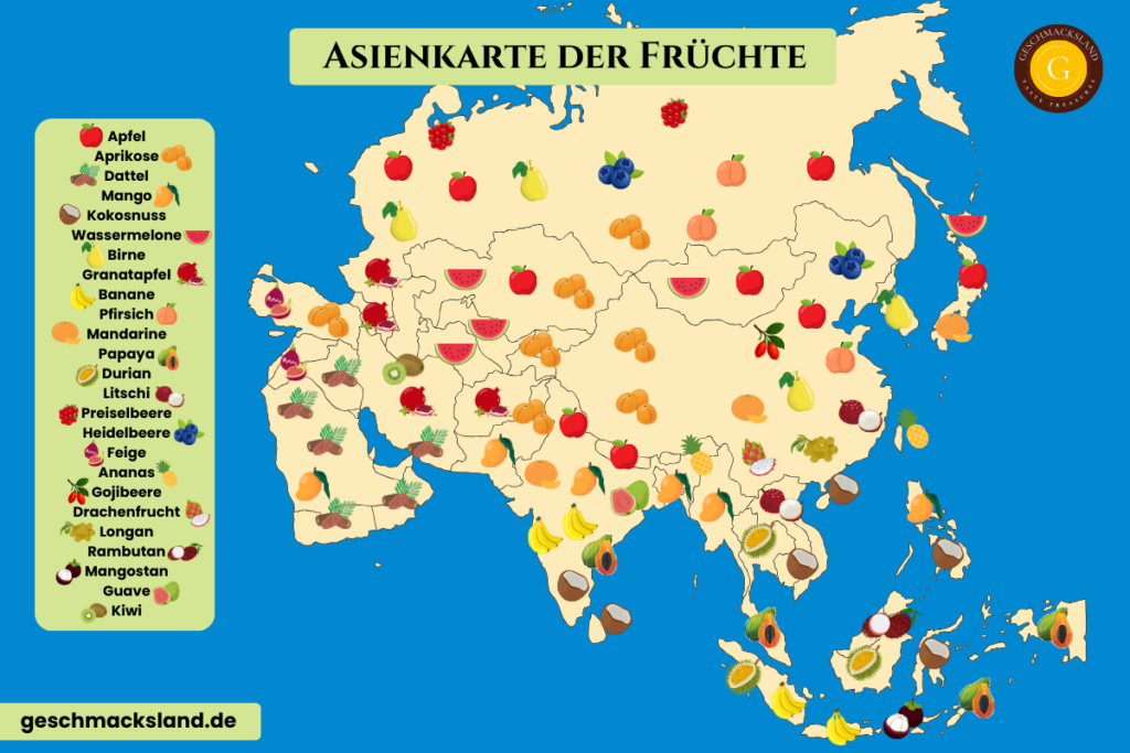 Asienkarte mit typischen Früchten nach Regionen, von Beeren im Norden bis zu Tropenfrüchten im Süden.