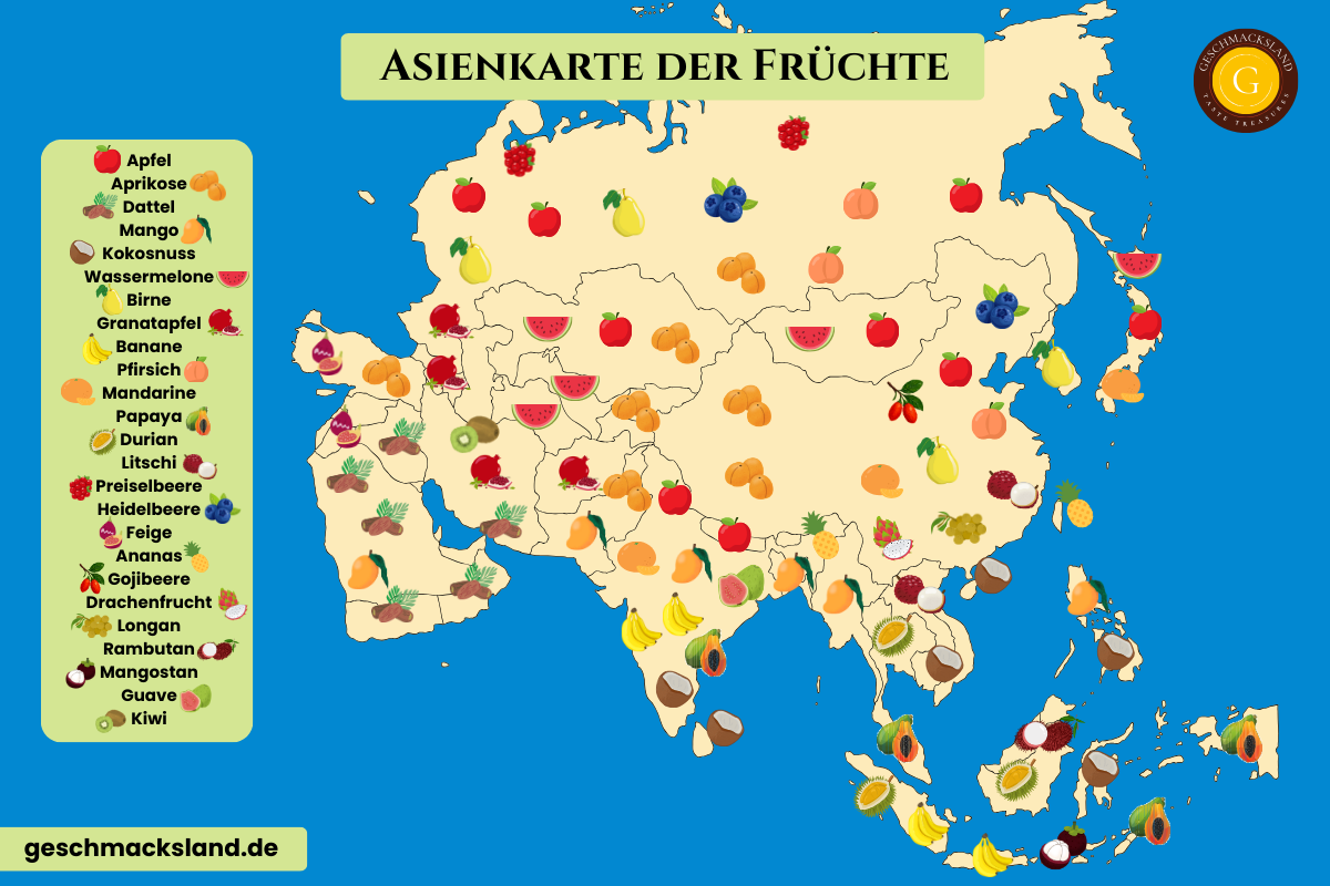 Asienkarte mit typischen Früchten nach Regionen, von Beeren im Norden bis zu Tropenfrüchten im Süden.