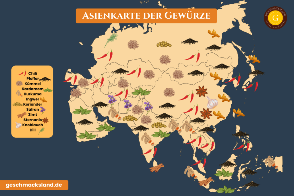 Karte Asiens mit den wichtigsten regionalen Gewürzen wie Chili, Kurkuma, Ingwer, Pfeffer und Kardamom. Übersicht über Gewürze in Südasien, Ostasien und Westasien.