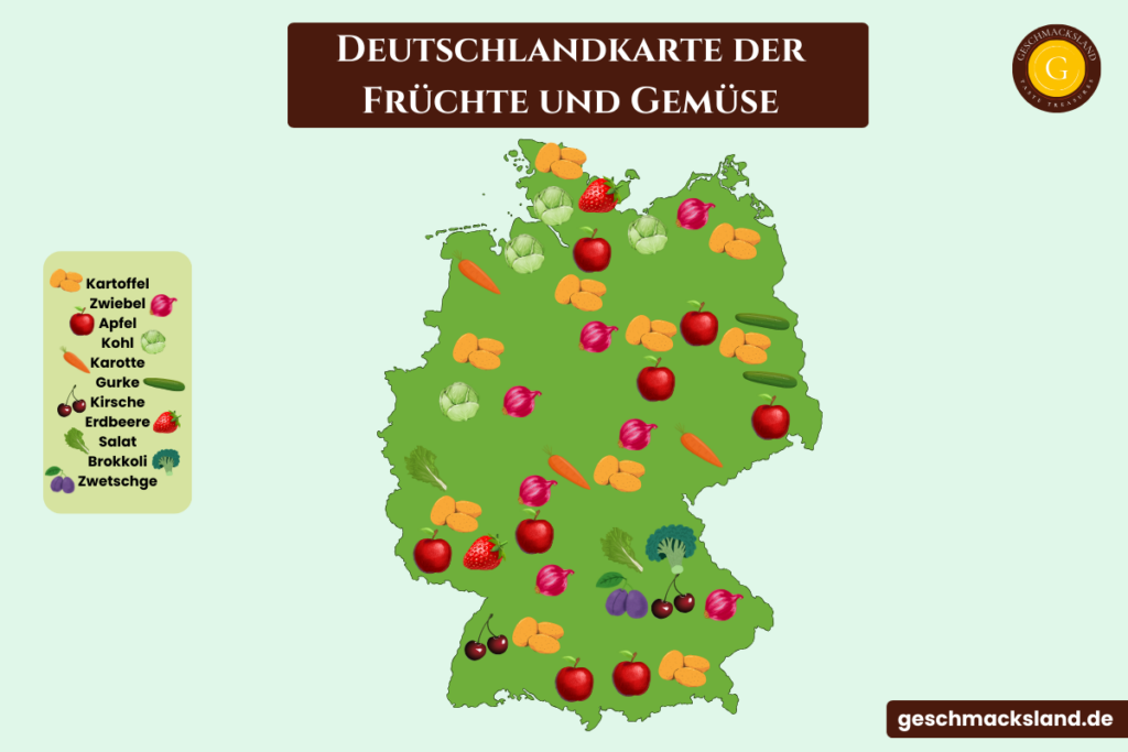 Deutschlandkarte mit typischen Früchten und Gemüse je Bundesland