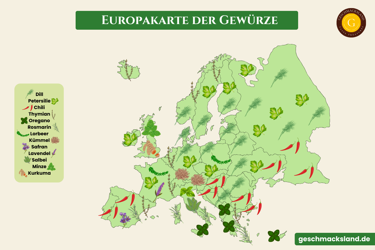 Europakarte mit typischen Gewürzen nach Regionen