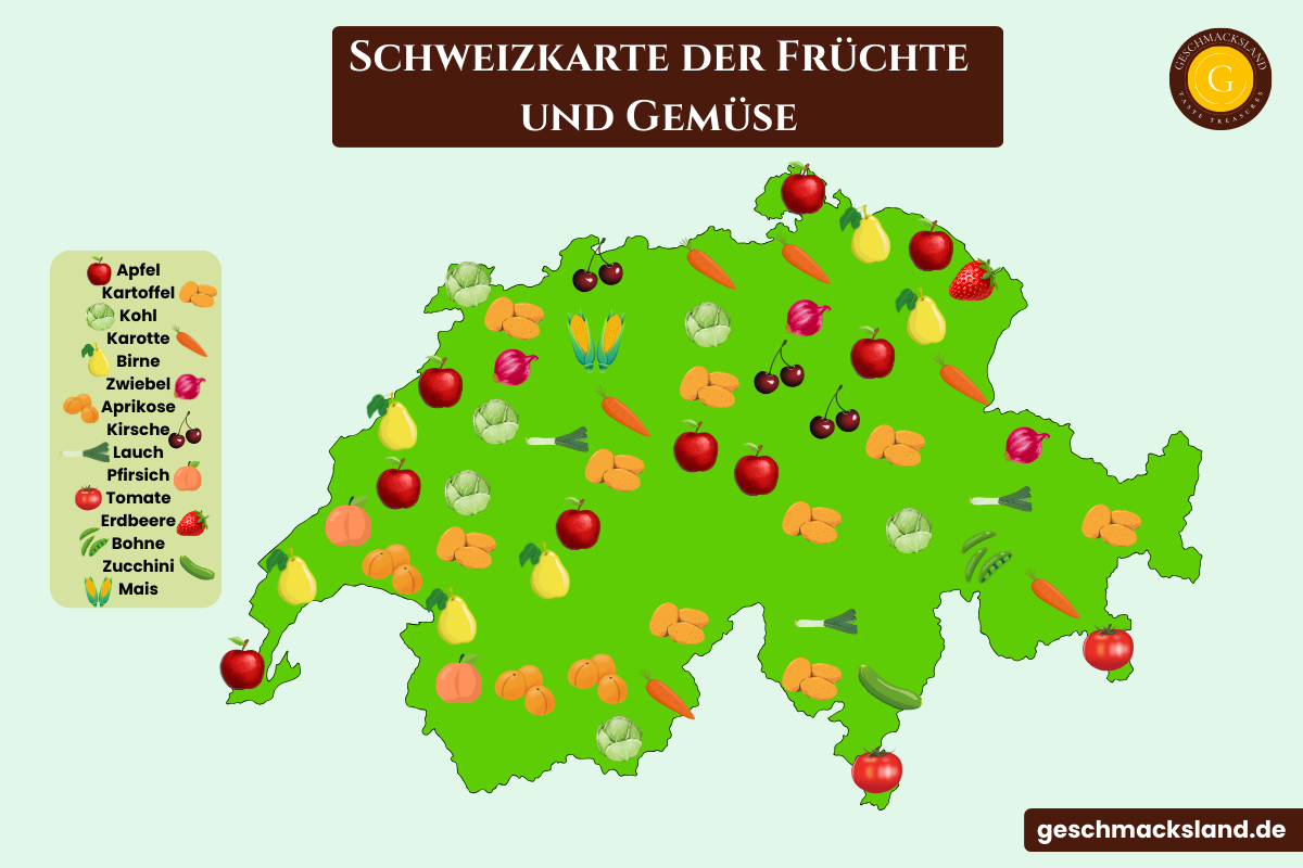 Schweizkarte mit typischen Früchten und Gemüse je Region