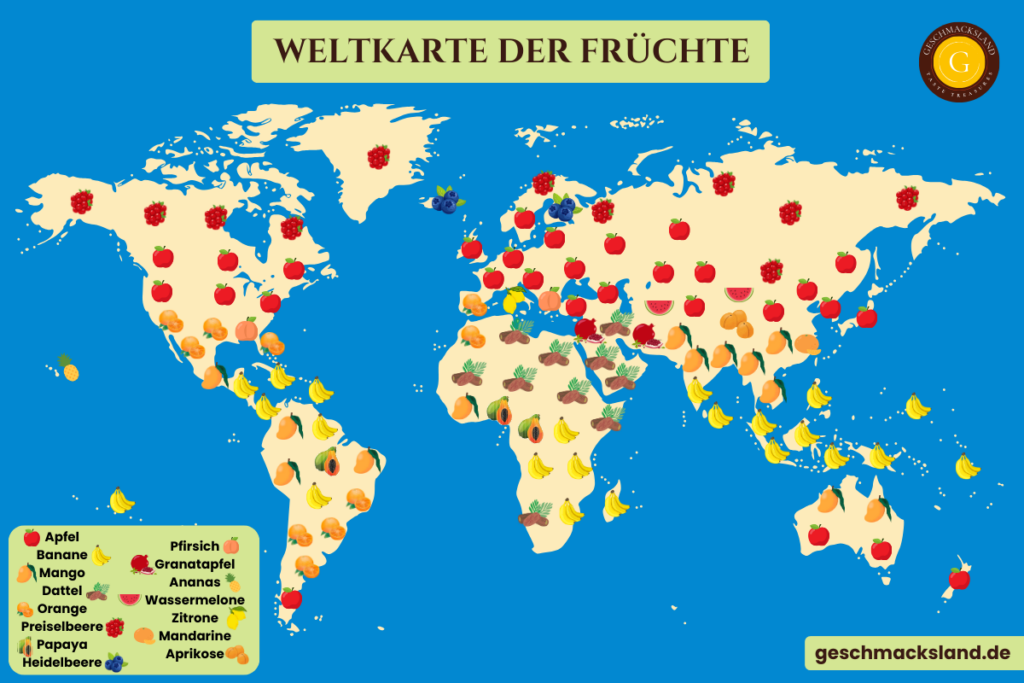 Weltkarte mit Symbolen der wichtigsten Früchte pro Region.