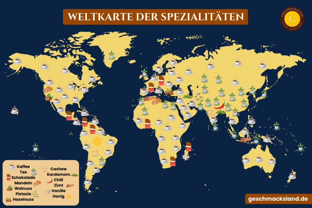 Weltkarte der Genuss-Spezialitäten mit Kaffee, Tee, Schokolade, Nüssen, Gewürzen und Honig nach Regionen.