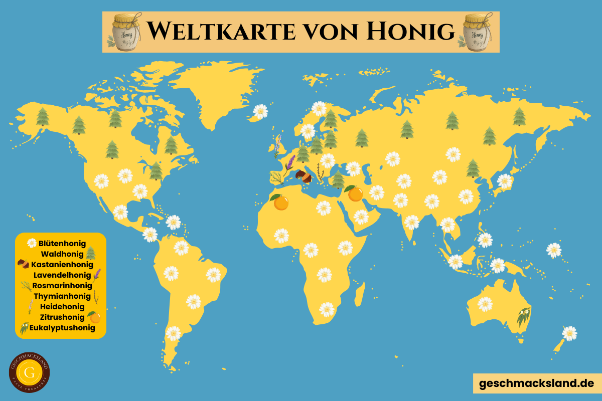Weltkarte von Honig mit Blüten-, Wald- und Spezialhonigen aus verschiedenen Regionen