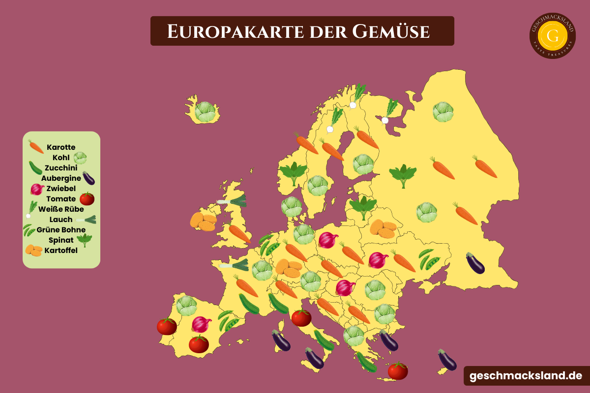 Europakarte mit typischen Gemüsesorten nach Regionen, dargestellt mit Symbolen von Zwiebel über Zucchini bis Kartoffel.