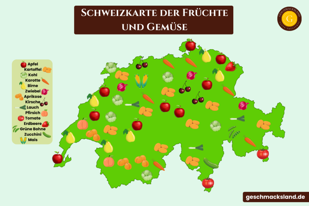 Schweizkarte mit typischen Früchten und Gemüse je Region