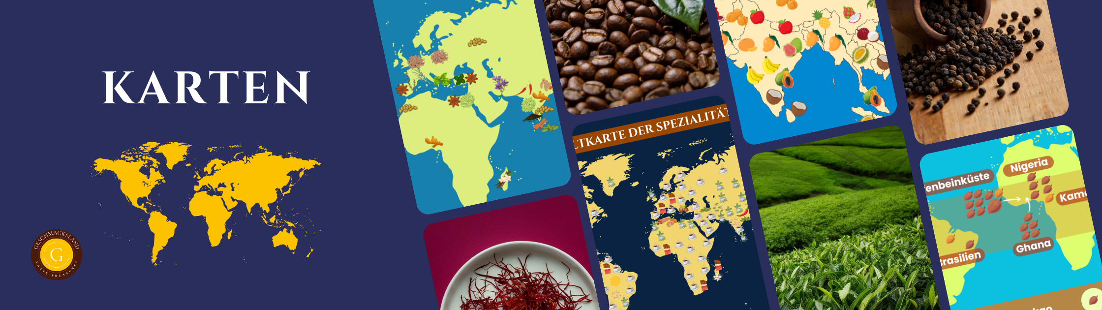 Weltkarte mit geografischer Verteilung landwirtschaftlicher Agrarprodukte