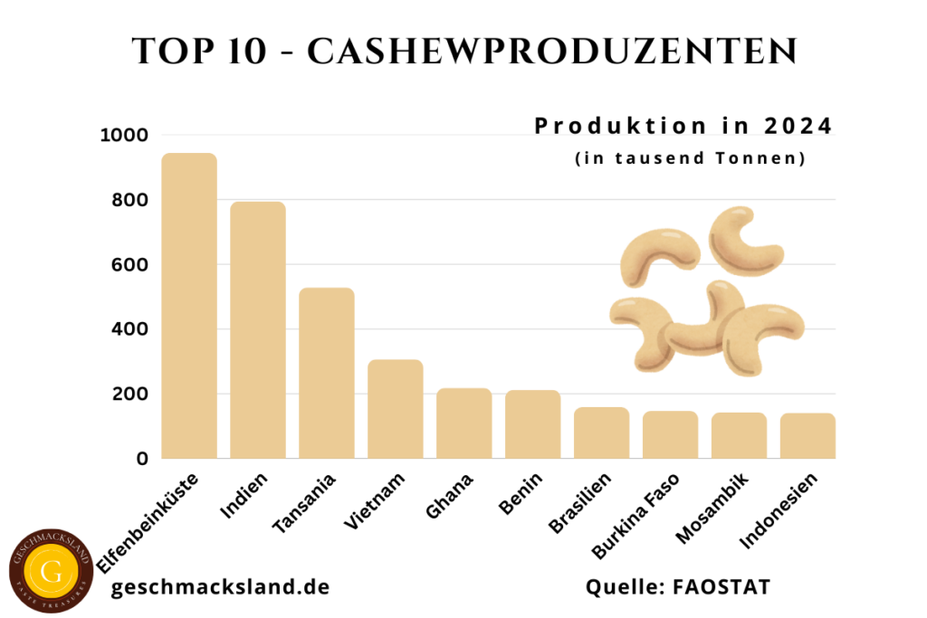 Grafik der Top 10 Cashewproduzenten weltweit – mit Elfenbeinküste, Indien und Tansania als führende Länder