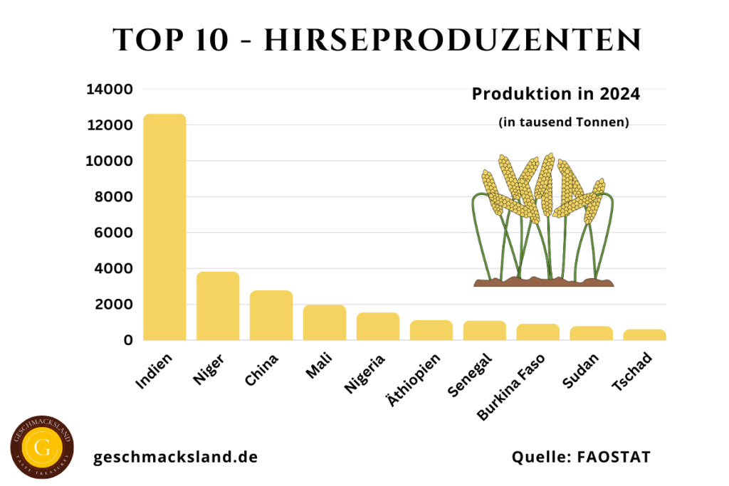 Top 10 Hirseproduzenten weltweit mit Produktionsmengen in Tausend Tonnen, angeführt von Indien, Niger und China.
