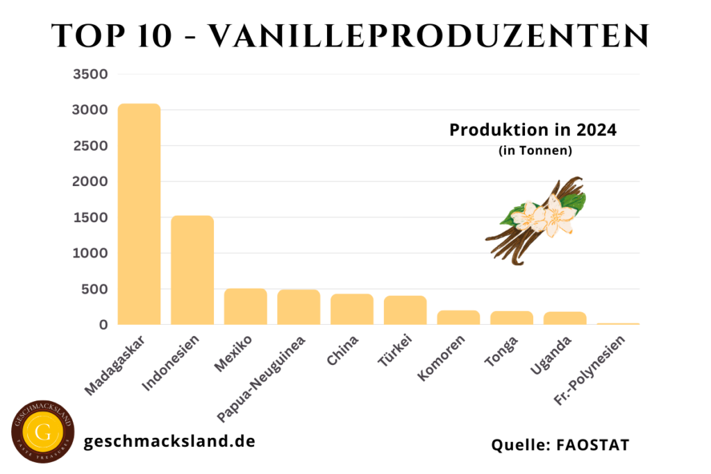 Grafik der Top 10 Vanilleproduzenten weltweit im Jahr 2022, mit Madagaskar als größtem Produzenten, gefolgt von Indonesien und Mexiko.
