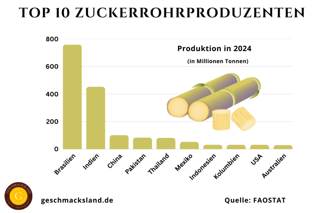 Top 10 Zuckerrohrproduzenten weltweit mit Produktionsmengen in Millionen Tonnen – Brasilien, Indien und China an der Spitze.