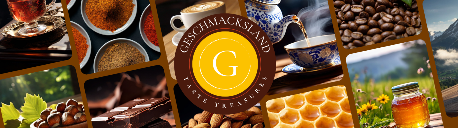 Logo von Geschmacksland mit Bildern von Kaffee, Tee, Gewürzen, Nüssen, Schokolade und Honig.