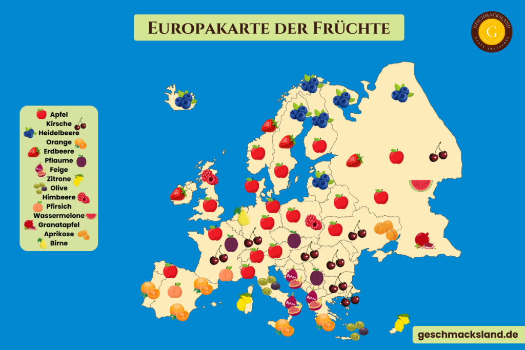 Karte der typischen Früchte in Europa nach Regionen mit Äpfeln, Orangen, Kirschen und Beeren