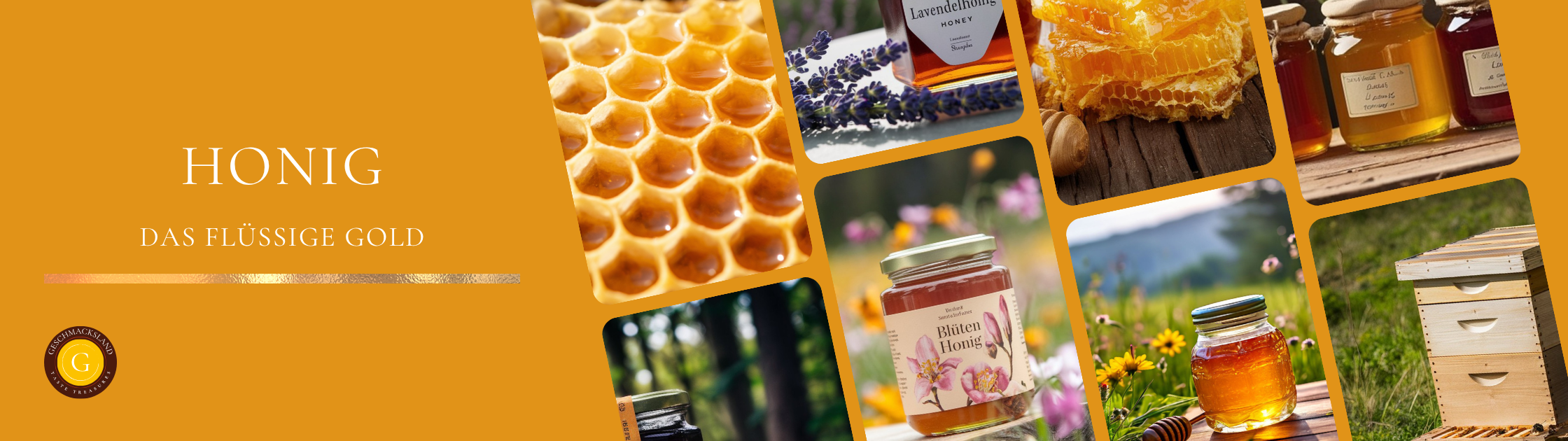 Bilder von Honiggläsern, Bienenwaben und Bienenhäusern.