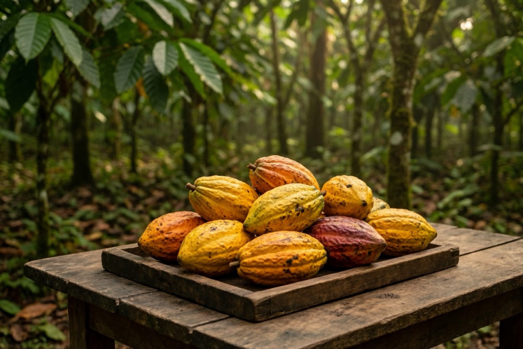 Frisch geerntete Kakaofrüchte auf Holzbrett vor Kakaoplantage