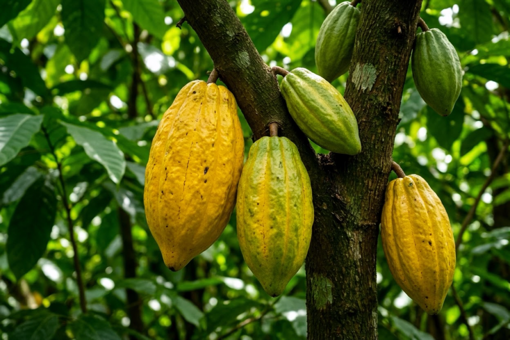 Kakaofrüchte auf Bäumen in einer tropischen Kakaoplantage