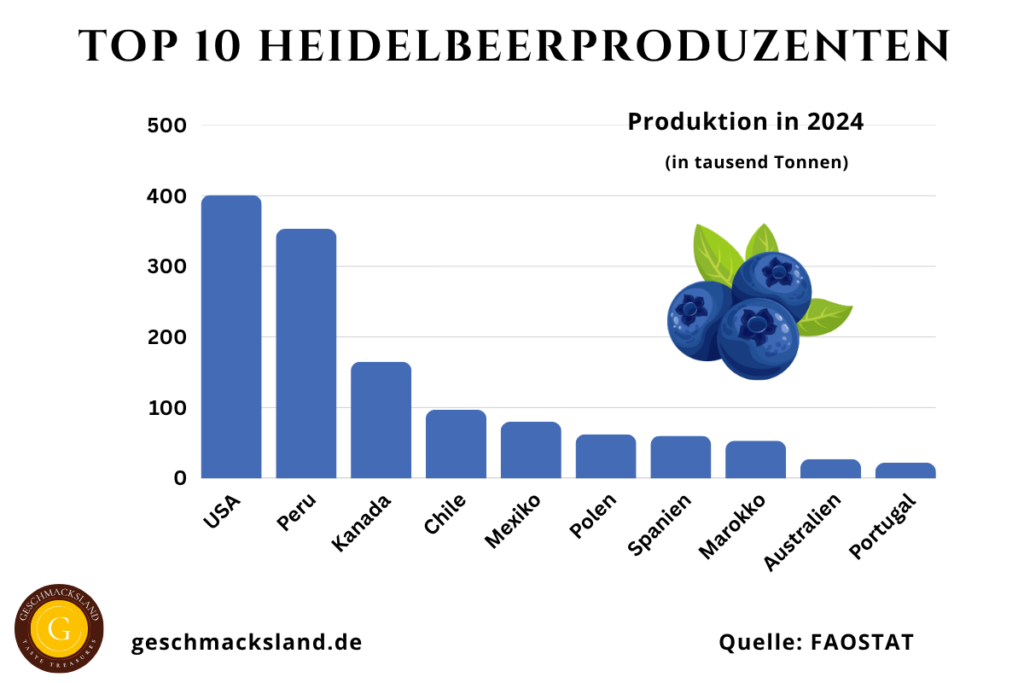 Die Top 10 Heidelbeerproduzenten: USA, Peru, Kanada, Chile, Mexiko, Polen, Spanien, Marokko, Australien, Portugal mit Produktionsmengen in Tausend Tonnen.