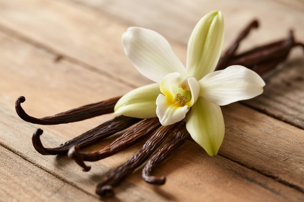 Vanilleblüte mit Vanilleschoten auf einer rustikalen Holzoberfläche in Nahaufnahme