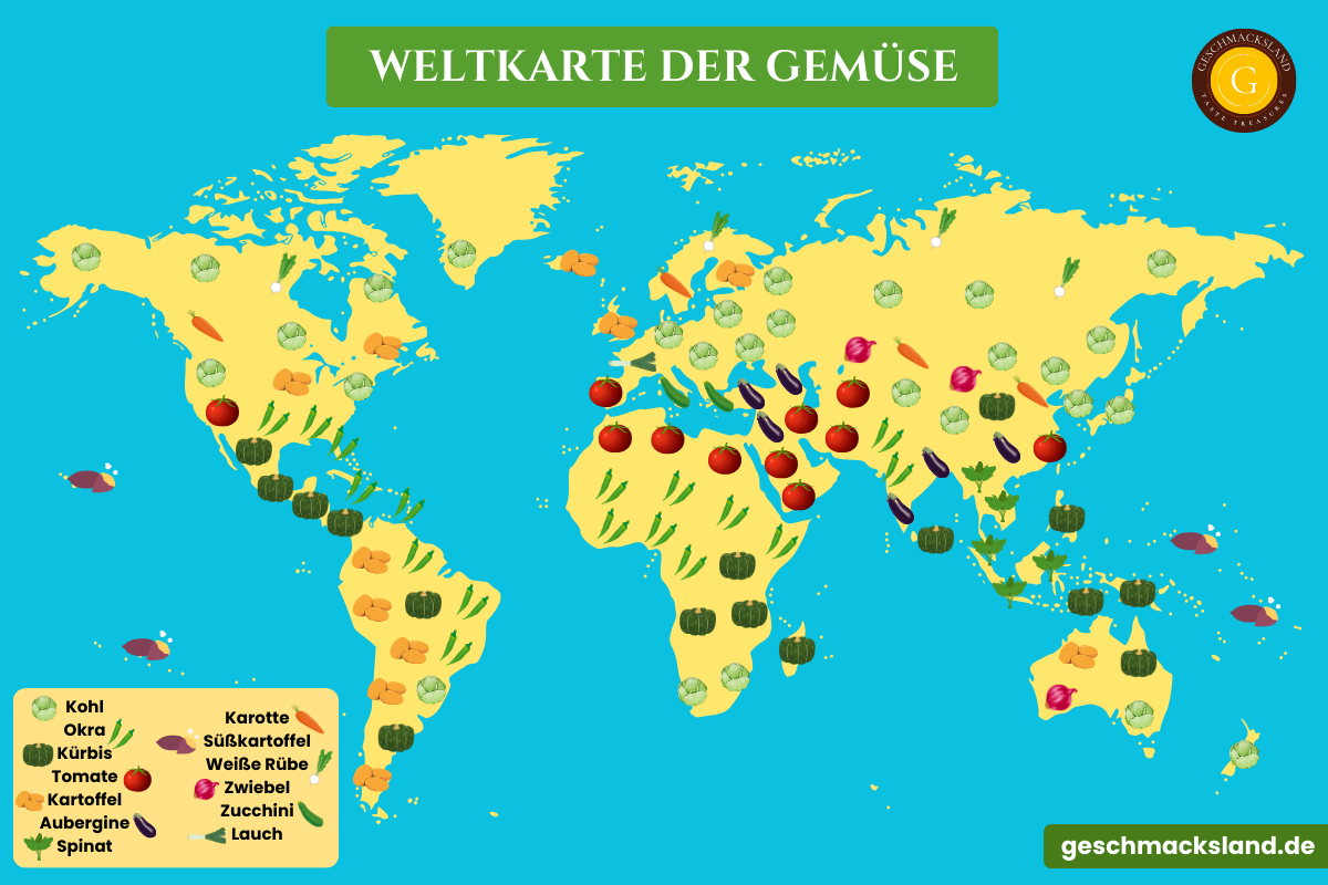 Weltkarte mit typischen Gemüsesorten aus verschiedenen Regionen der Erde