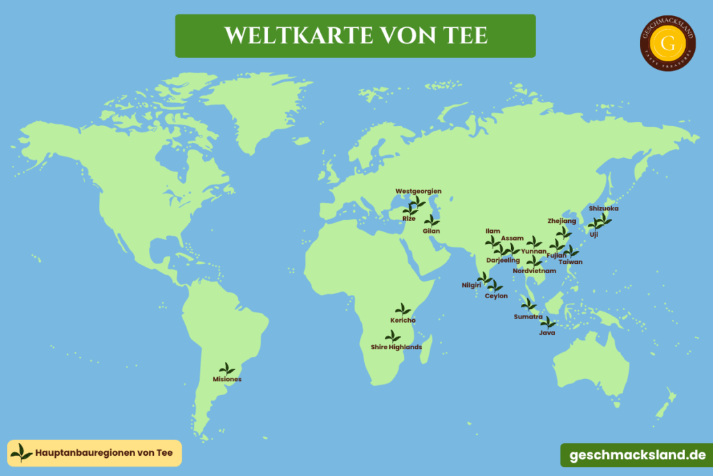 Weltkarte der wichtigsten Teeanbaugebiete mit Regionen wie Assam, Darjeeling, Yunnan, Zhejiang, Ceylon, Rize und Shizuoka
