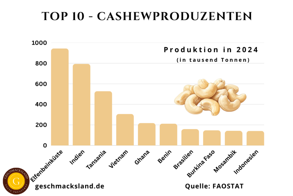Grafik der Top 10 Cashewproduzenten weltweit – mit Elfenbeinküste, Indien und Tansania als führende Länder