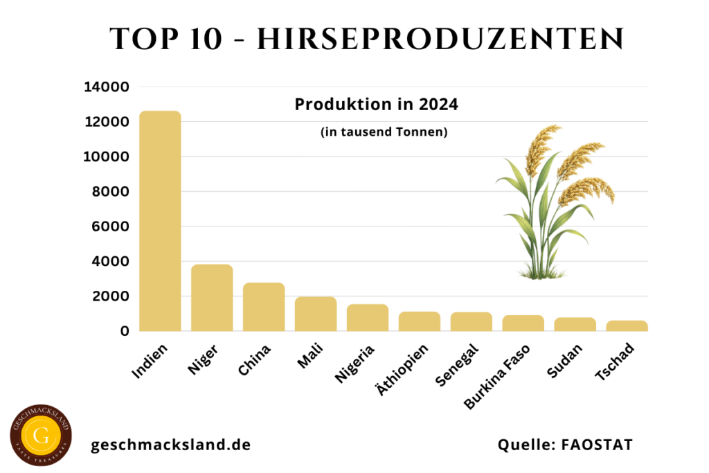 Top 10 Hirseproduzenten weltweit mit Produktionsmengen in Tausend Tonnen, angeführt von Indien, Niger und China.