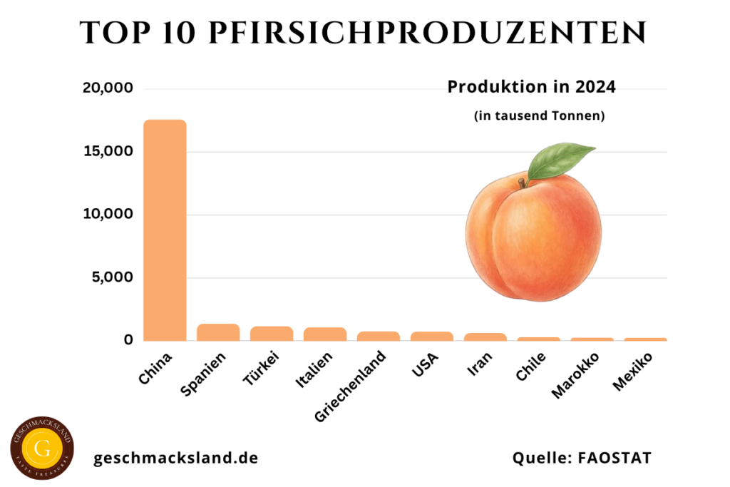 Diagramm der Top 10 Pfirsichproduzenten mit China, Spanien, Türkei, Italien, Griechenland, USA, Iran, Chile, Marokko und Mexiko.