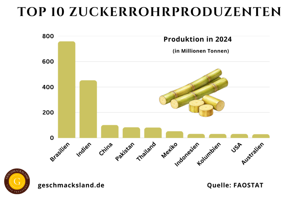 Top 10 Zuckerrohrproduzenten weltweit mit Produktionsmengen in Millionen Tonnen – Brasilien, Indien und China an der Spitze.